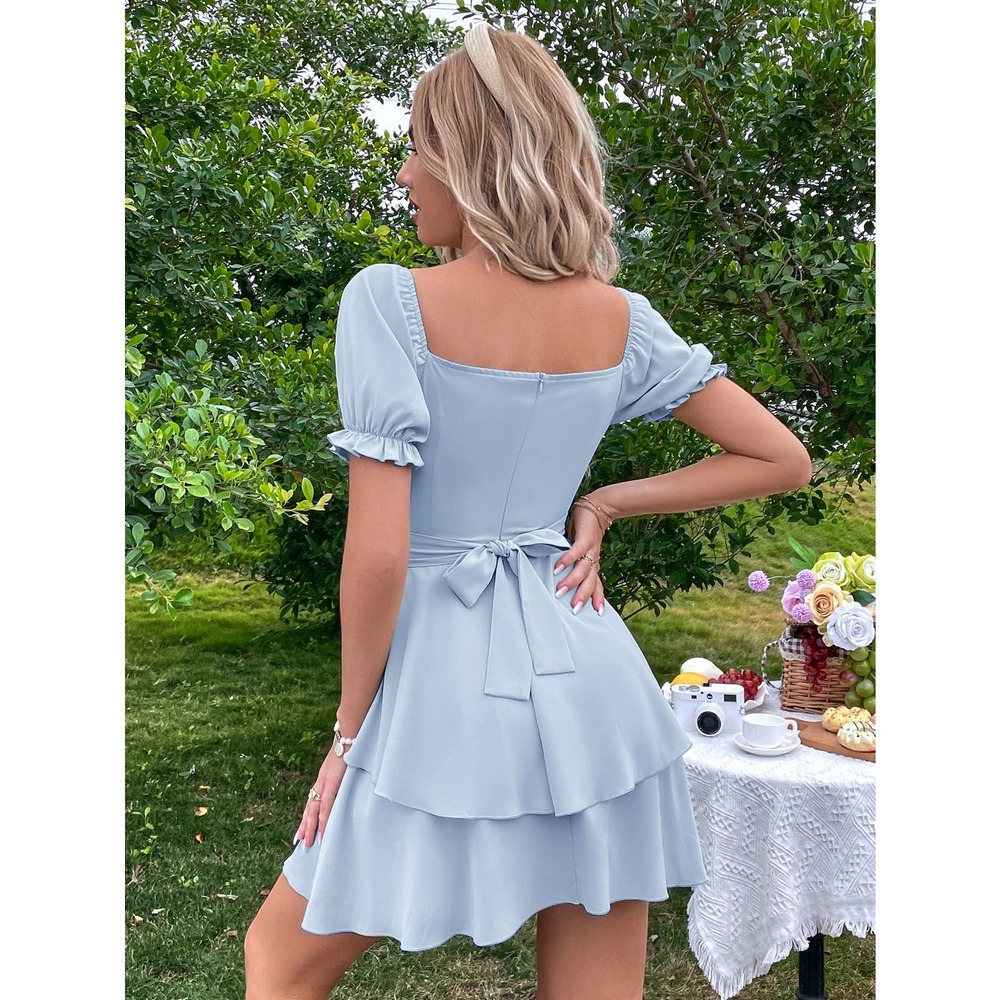Sweetheart Neck Short Puff Sleeve Layered Hem Mini Dress light blue - Picture 2 of 11